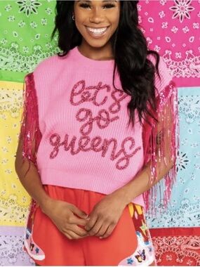 NWT Queen of Sparkles Let's Go Queen Pink Fringe Knit Top Size Large L *